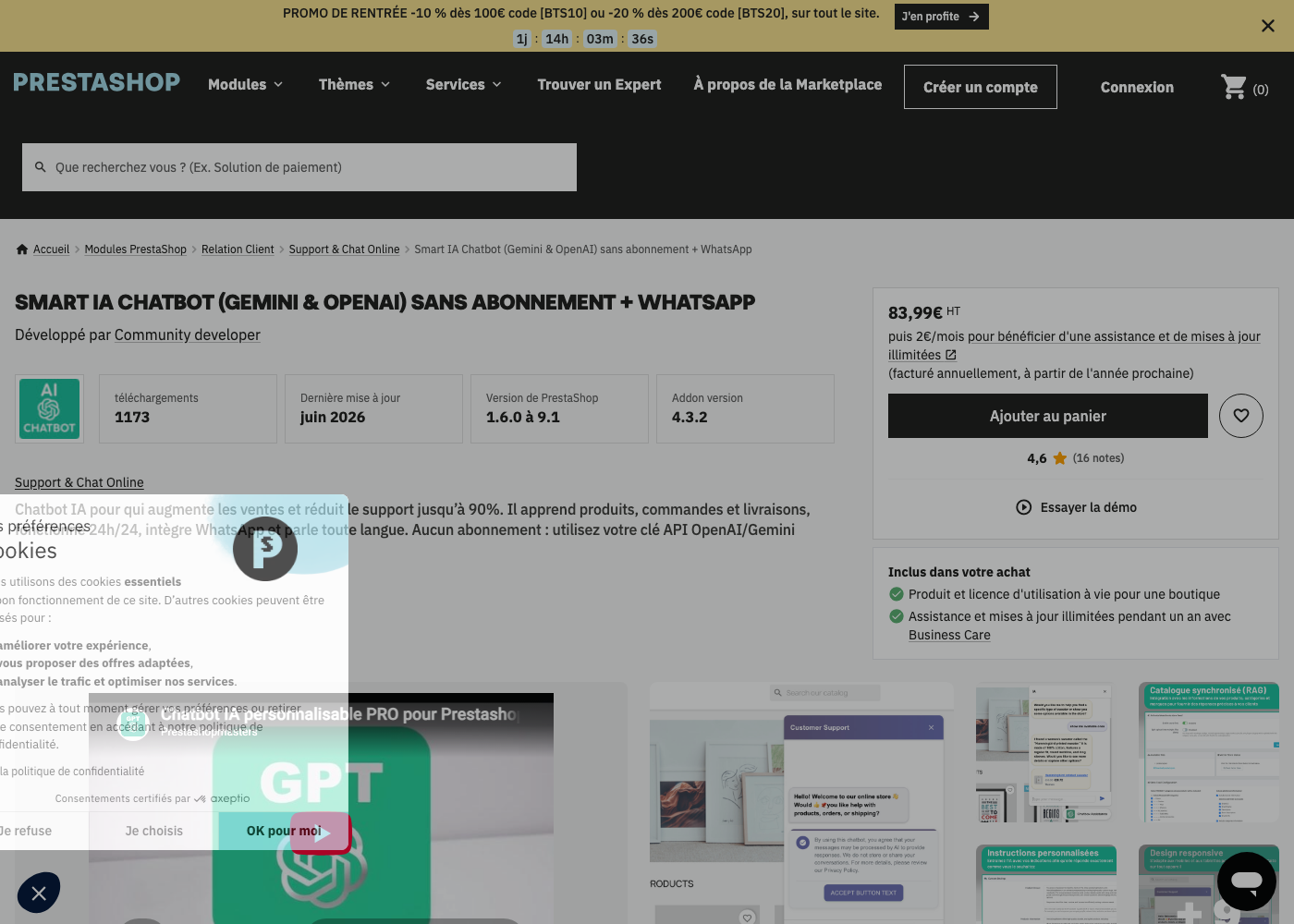 Capture de la fiche du module Smart IA Chatbot sur le marketplace PrestaShop Addons, prix et compatibilité visibles