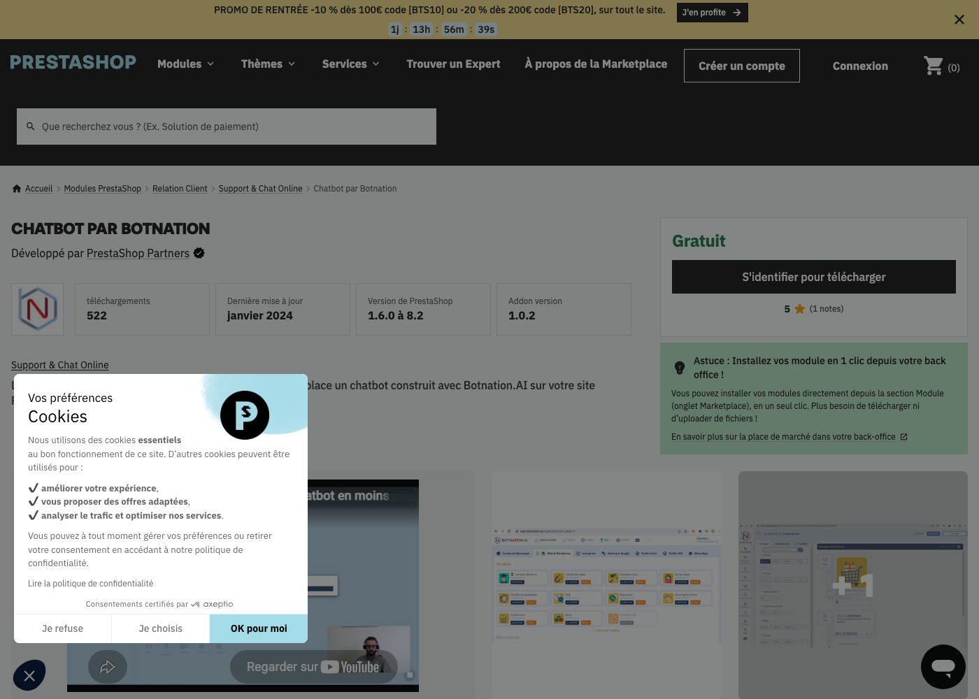 Capture de la fiche du module Chatbot par Botnation sur le marketplace PrestaShop Addons, mention Gratuit et compatibilité visibles