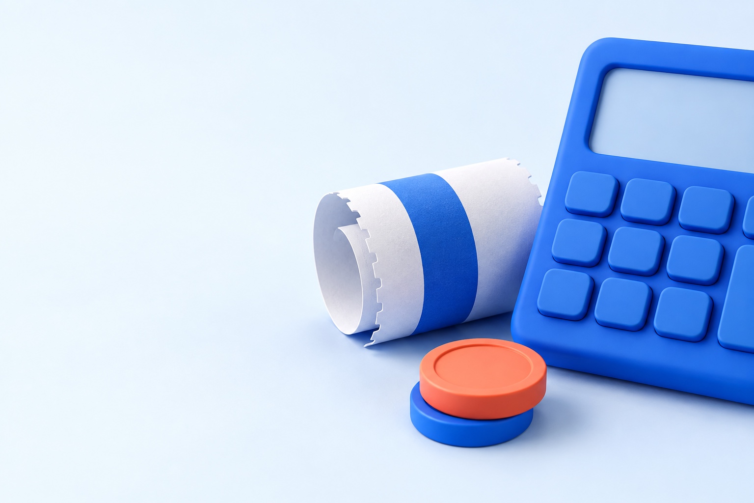 Illustration 3D d’une calculatrice à écran vide posée à côté d’un ticket de transport roulé et de pièces, une pièce en corail