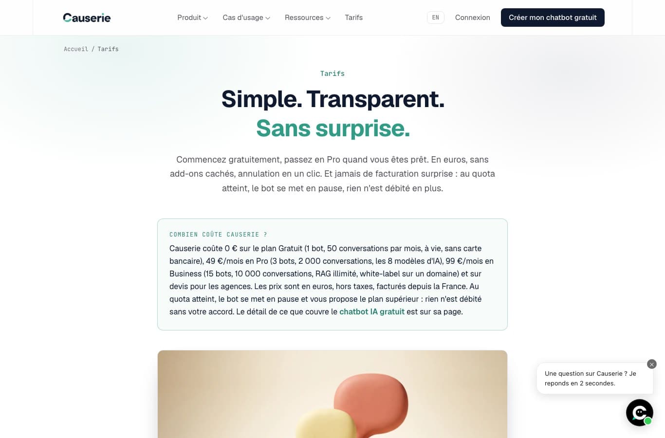 Capture de la grille tarifaire de Causerie : plan gratuit, Pro à 49 € et Business à 99 € par mois