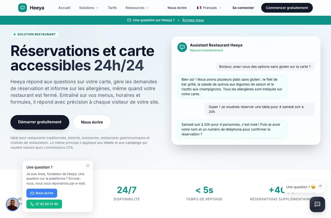 Capture de la page solution restaurant de Heeya : réservations et carte accessibles 24h/24