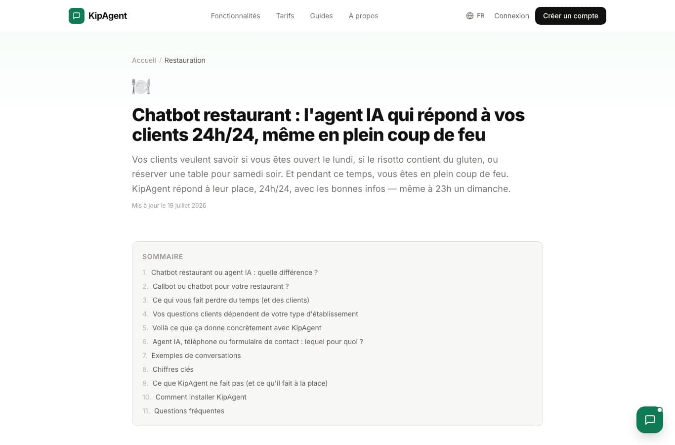 Capture de la page chatbot restaurant de KipAgent : agent IA qui répond aux clients 24h/24