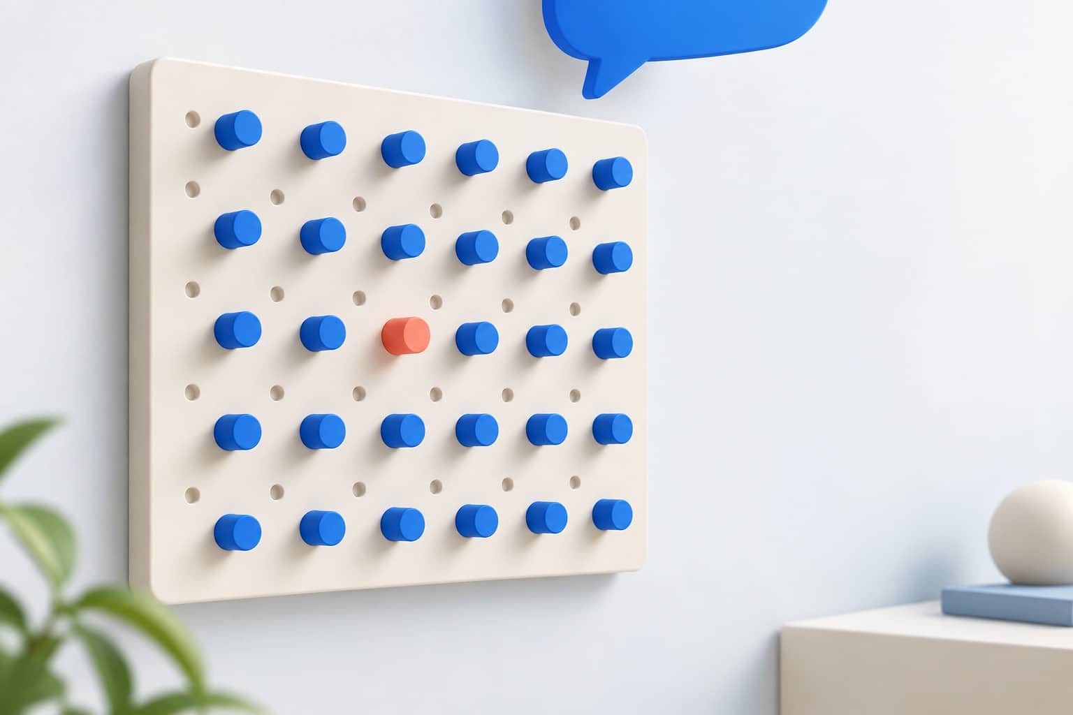 Planche murale à picots bleus évoquant un plan de salle occupé, un picot corail unique, rendu 3D éditorial