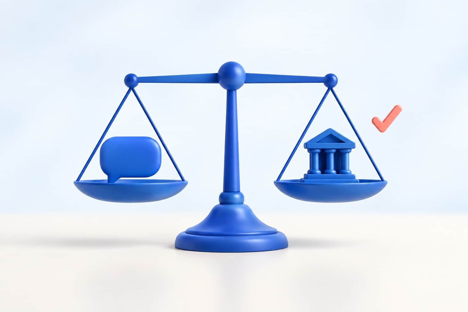 Illustration 3D d’une balance de justice bleue tenant un bâtiment institutionnel sur un plateau et une bulle de chat sur l’autre