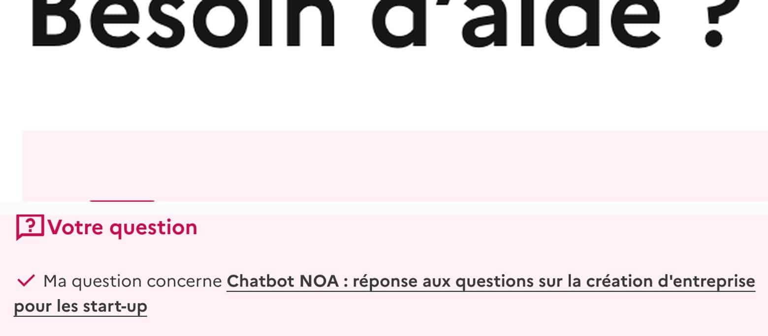 Page officielle du chatbot NOA sur le site Service Public Entreprendre, avec son bandeau d’aide et la présentation du service