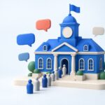 Illustration 3D d'un hôtel de ville bleu entouré de bulles de chat, avec une file d'administrés devant l'entrée