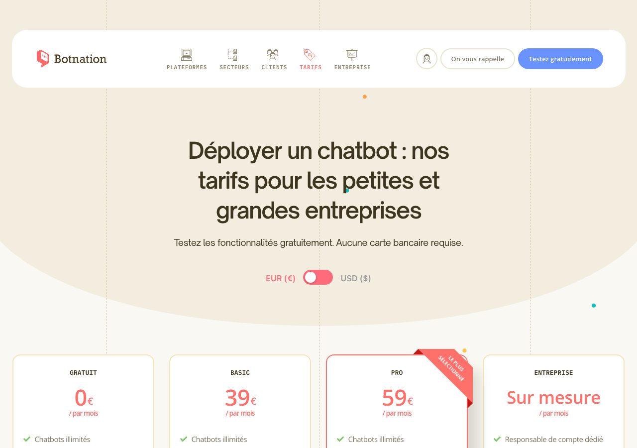 Page tarifs de Botnation relevée le 30 septembre 2026 : plans Gratuit à 0 euro, Basic à 39 euros par mois, Pro à 59 euros par mois et Entreprise sur mesure