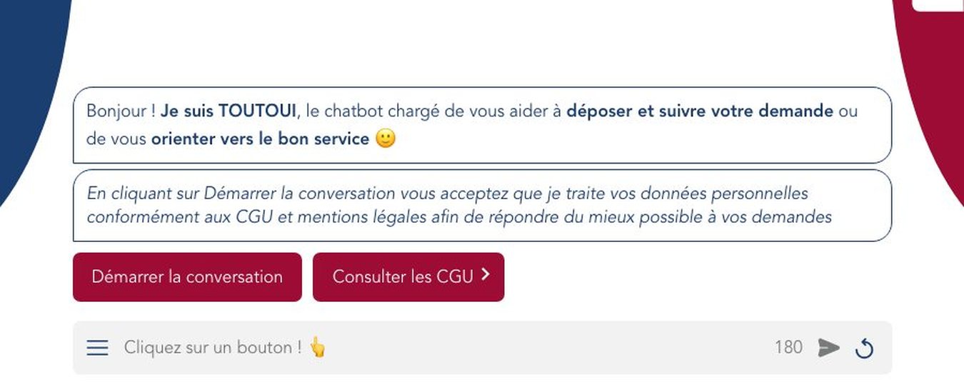 TOUTOUI, le chatbot de réclamations de SNCF Voyageurs pour les trains TGV INOUI et Intercités, avec bouton Démarrer la conversation et lien vers les CGU