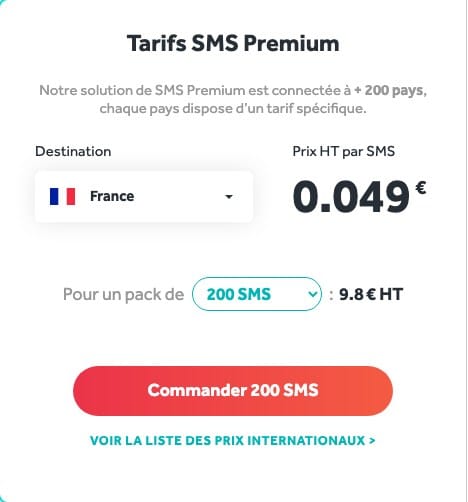 Carte de tarifs SMS Premium de SMS Partner pour la France : 0,049 euro HT par message
