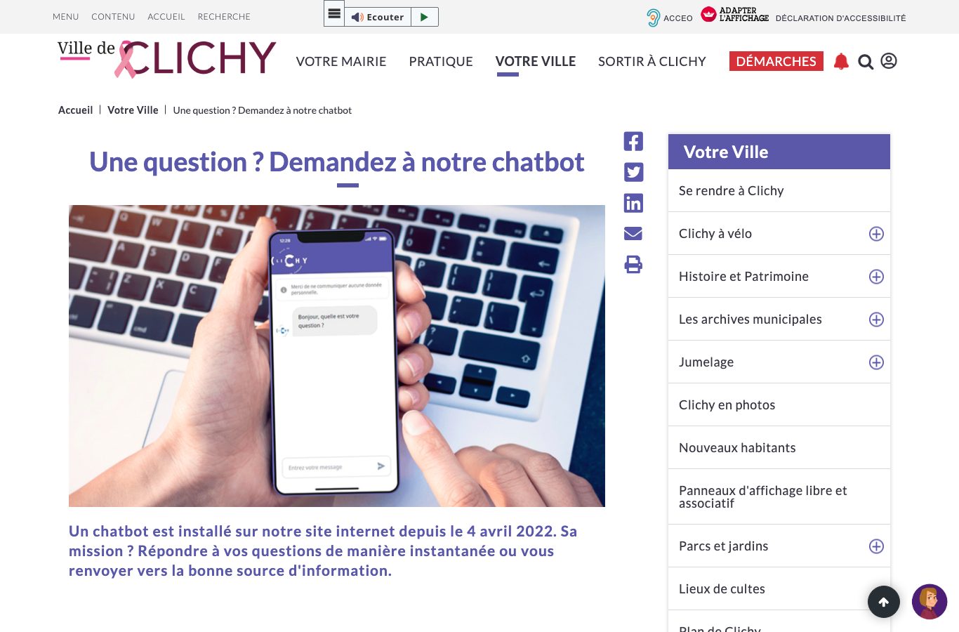 Capture d’écran de la page du site de la ville de Clichy qui présente son chatbot, avec la mention « installé sur notre site internet depuis le 4 avril 2022 » et l’aperçu d’une conversation sur téléphone.