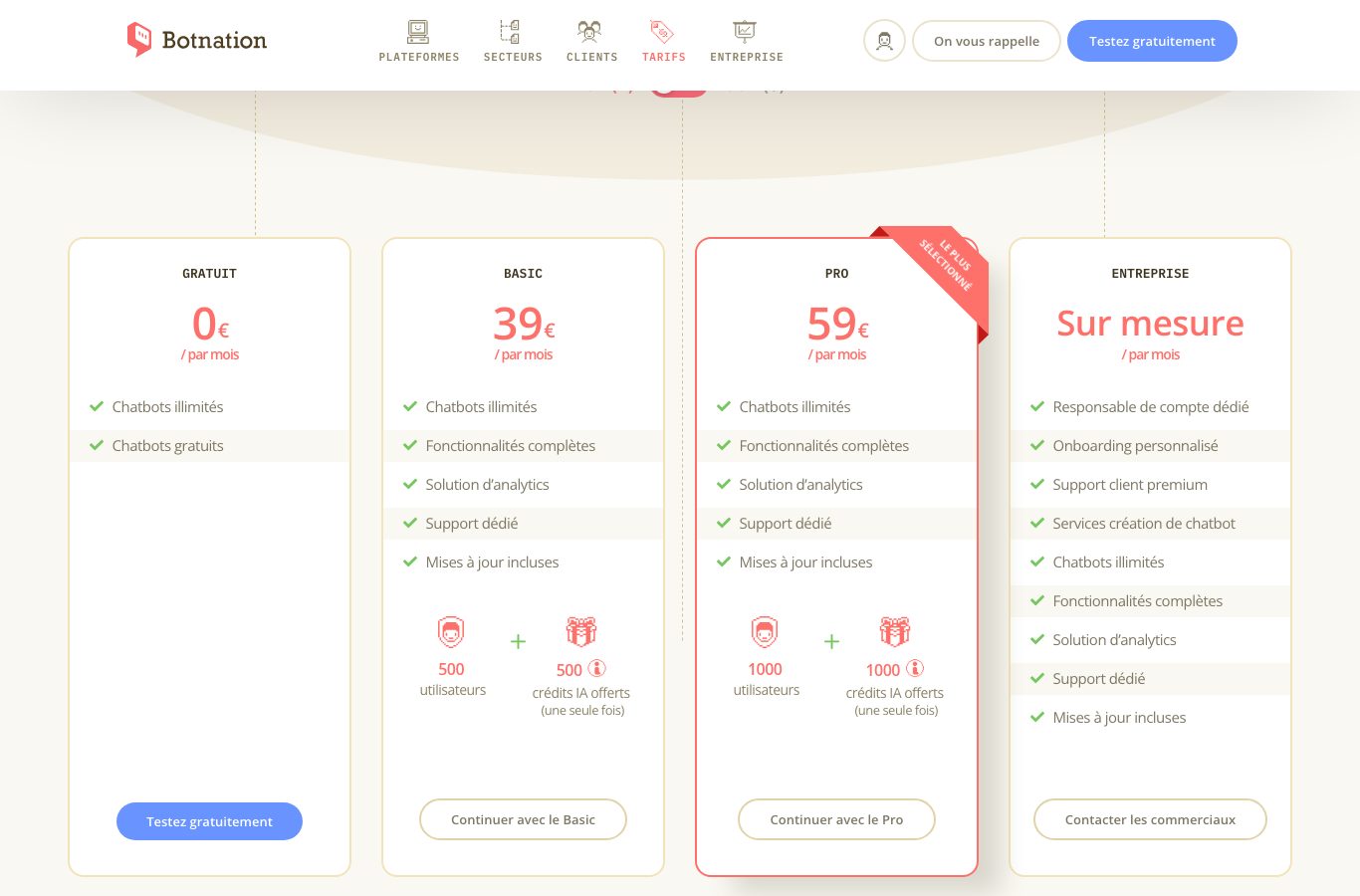 Capture d’écran de la page tarifs de Botnation : les formules Gratuit à 0 euro, Basic à 39 euros par mois, Pro à 59 euros par mois et Entreprise sur devis.