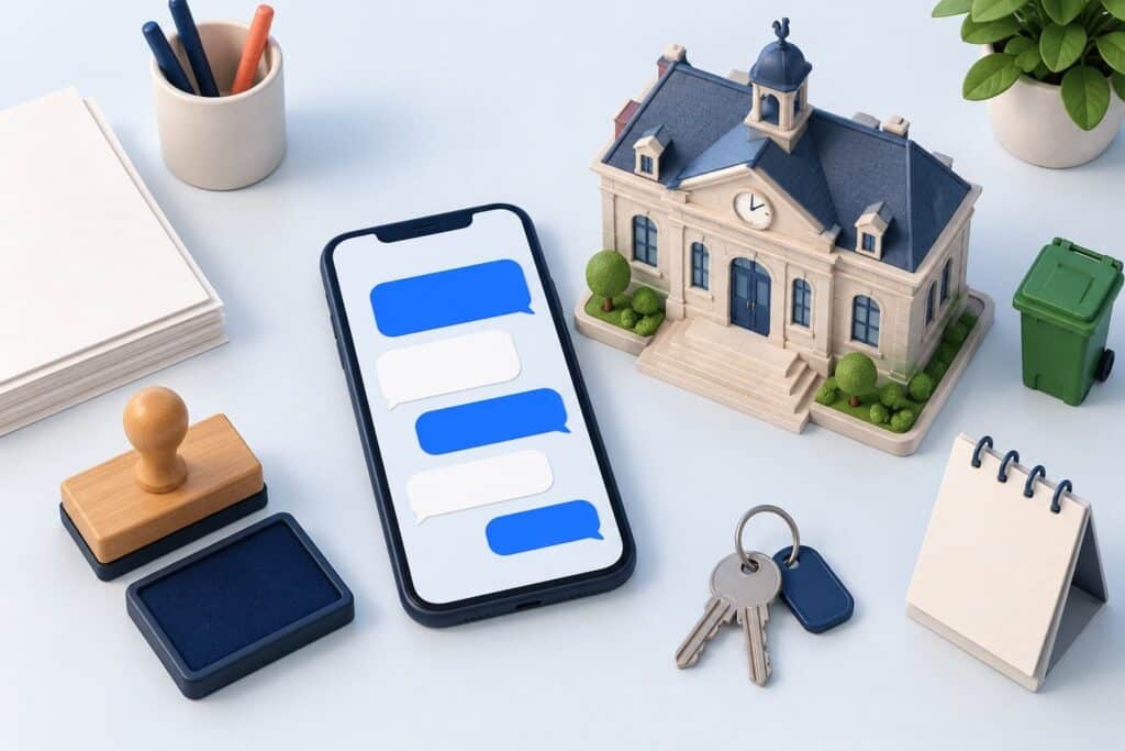 Vue de dessus : un smartphone affichant une conversation de chat, une mairie miniature avec son horloge, un tampon, des formulaires vierges, des clés et un petit bac de tri.