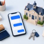 Vue de dessus : un smartphone affichant une conversation de chat, une mairie miniature avec son horloge, un tampon, des formulaires vierges, des clés et un petit bac de tri.