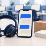 Casque téléphonique bleu marine avec micro posé sur un bureau, à côté d’un smartphone dressé affichant des bulles de conversation bleues et crème, d’un petit colis en carton marqué d’un ruban corail et d’une pile de bordereaux vierges ; en arrière-plan flou, une rangée de postes de conseillers aux écrans éteints.