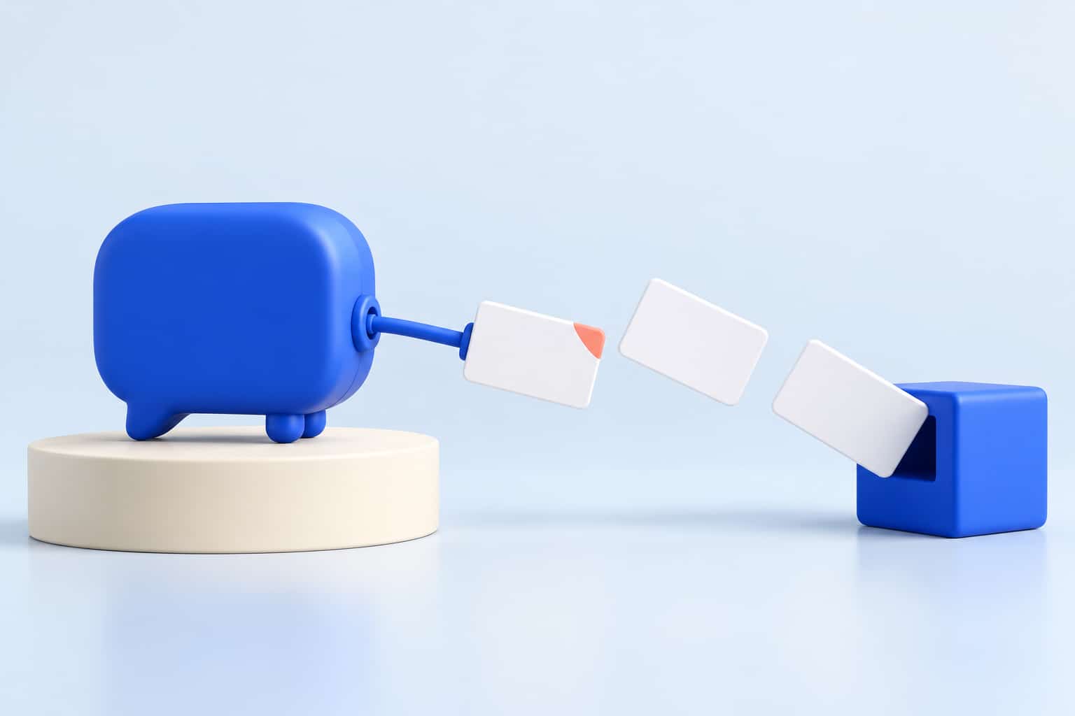 Un appareil en forme de bulle de dialogue pousse une carte de données le long d’un câble vers un connecteur bleu, illustration 3D éditoriale de la livraison d’un événement par webhook