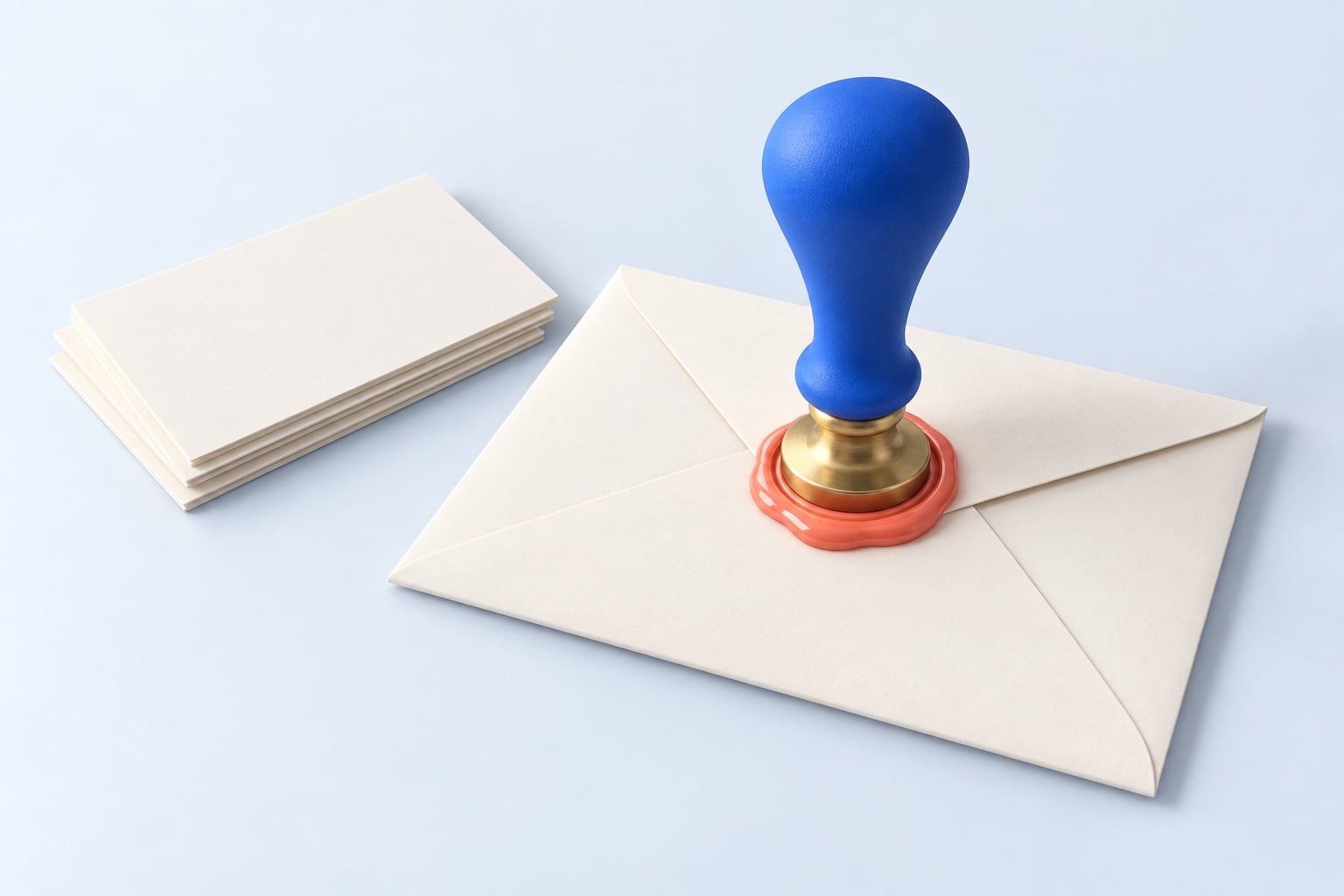 Un tampon bleu presse un sceau de cire corail sur une enveloppe fermée, illustration 3D éditoriale de la signature des webhooks