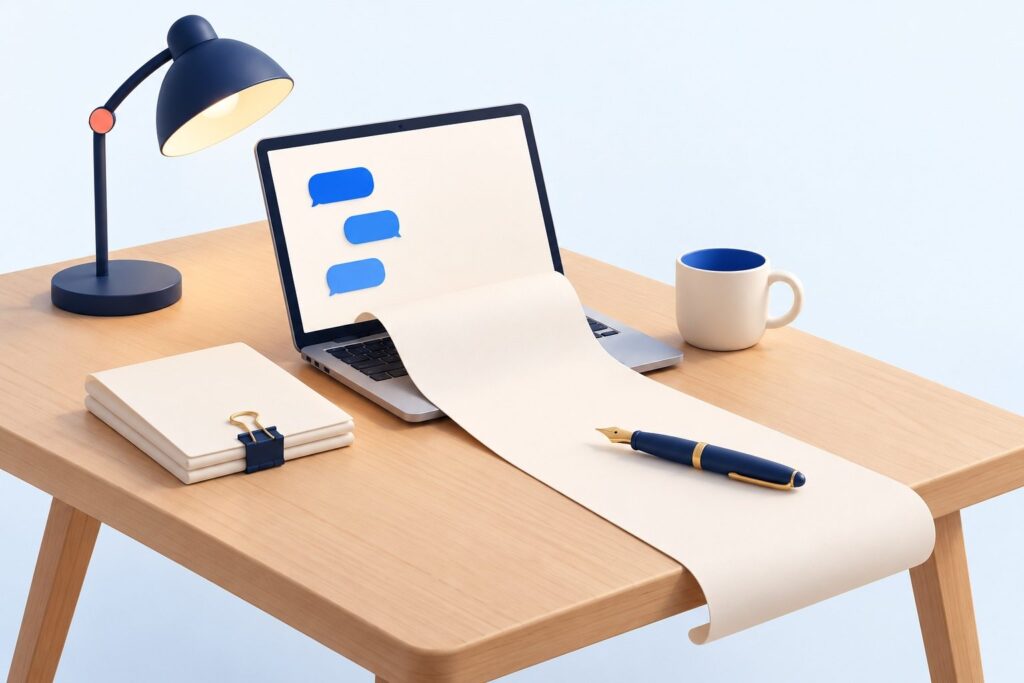 Vue aux trois quarts d’un bureau en bois clair le long d’une diagonale : un ordinateur portable ouvert dont l’écran vide montre trois bulles de discussion bleu cobalt, une longue feuille crème qui se déroule de l’ordinateur sur le bureau avec un stylo-plume bleu marine posé dessus, une petite pile de documents crème tenue par une pince bleu marine, une lampe de bureau bleu marine à articulation corail et une tasse crème au fond.