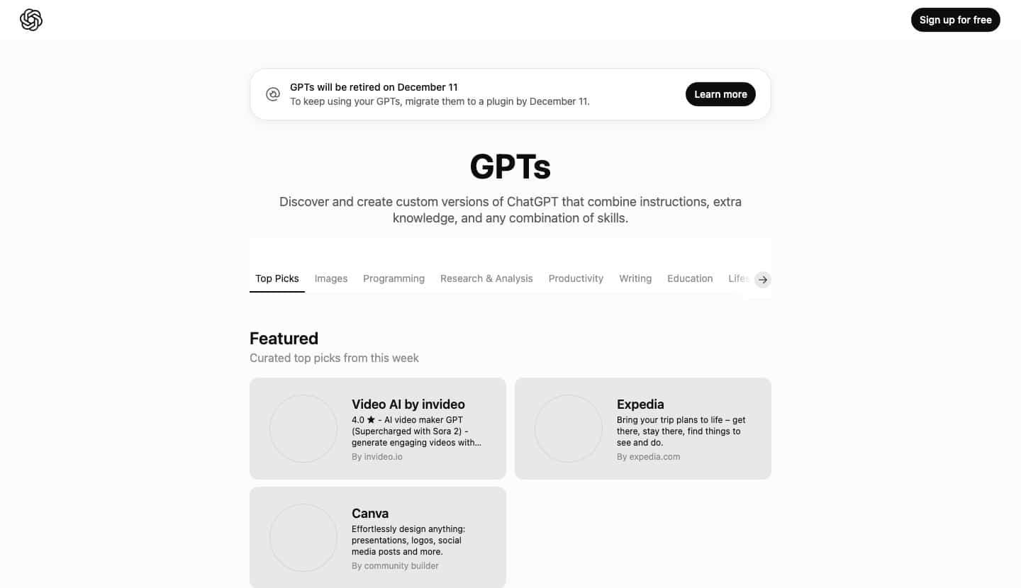 Le répertoire des GPT dans ChatGPT affiche un bandeau annonçant la retraite des GPT le 11 décembre, capture du 5 octobre 2026