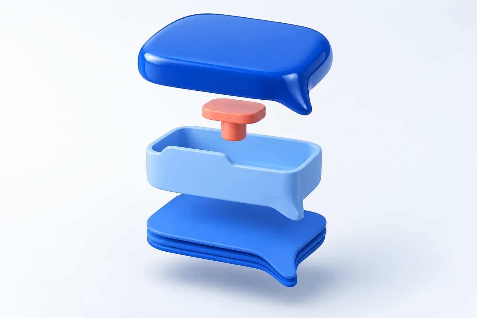 Un chatbot en construction : les couches d'une bulle de dialogue, instructions, documents et connecteur, éclatées en 3D