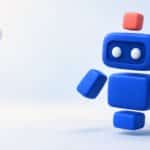 Un chatbot en construction : des blocs bleus et un bloc corail s assemblent en une petite silhouette de robot sur fond clair