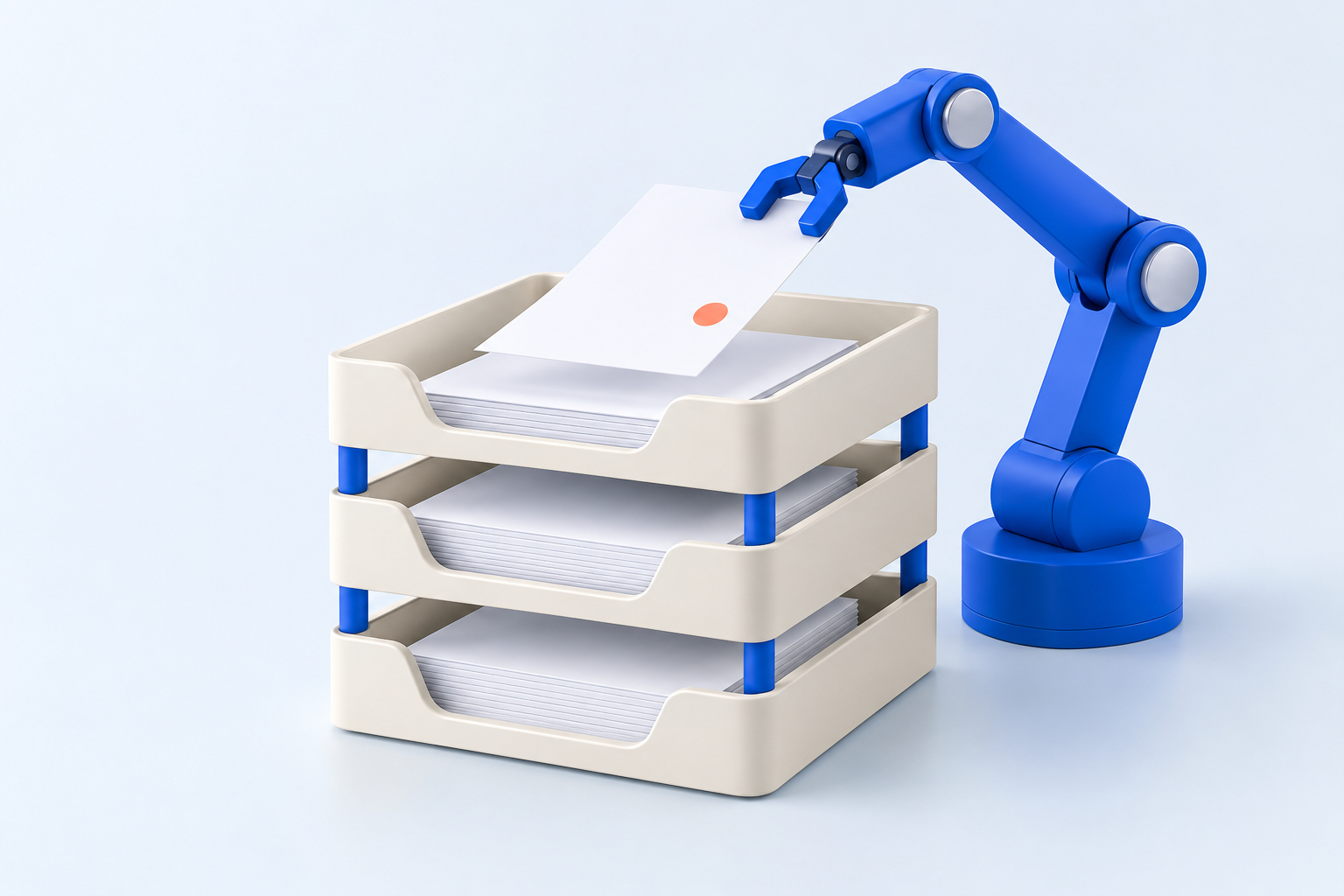 Bras robotique bleu triant des fiches dans des bacs empilés : la préparation des données avant import