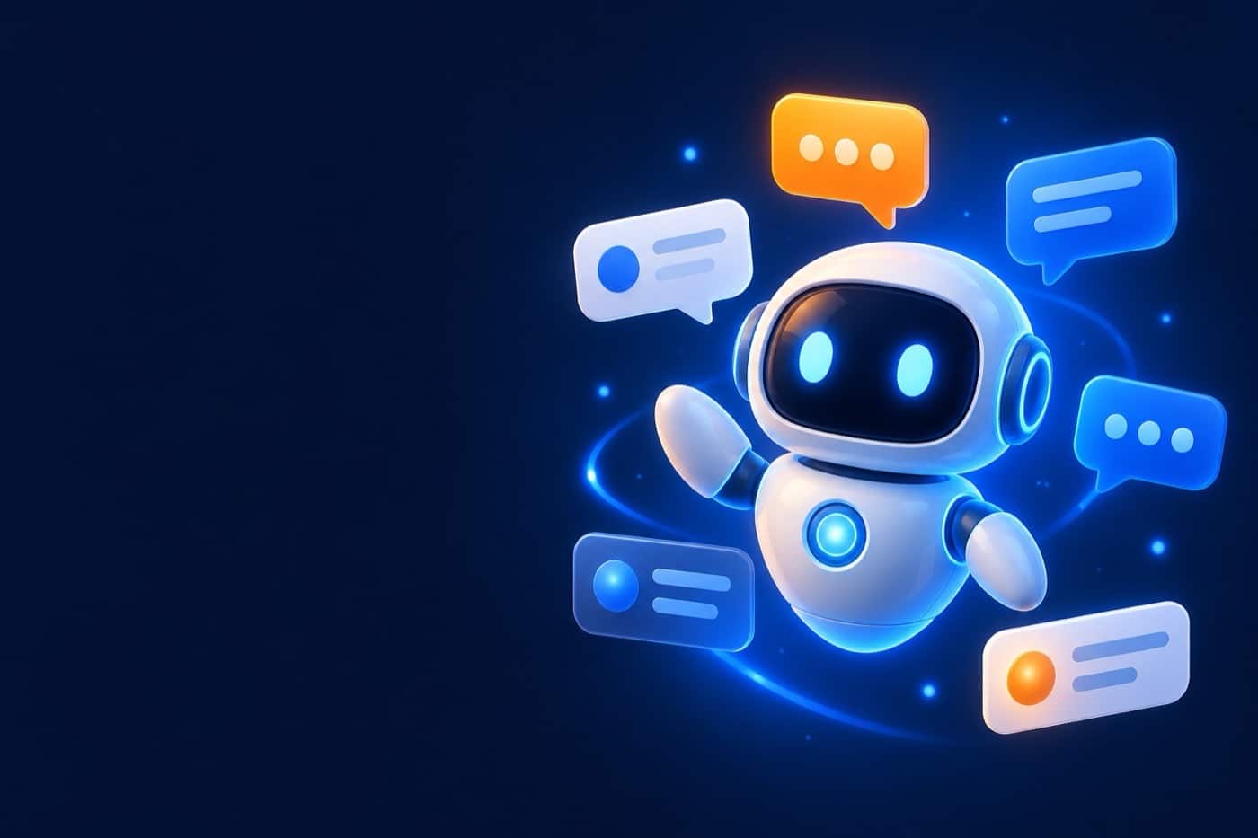 Robot conversationnel entouré de bulles de discussion