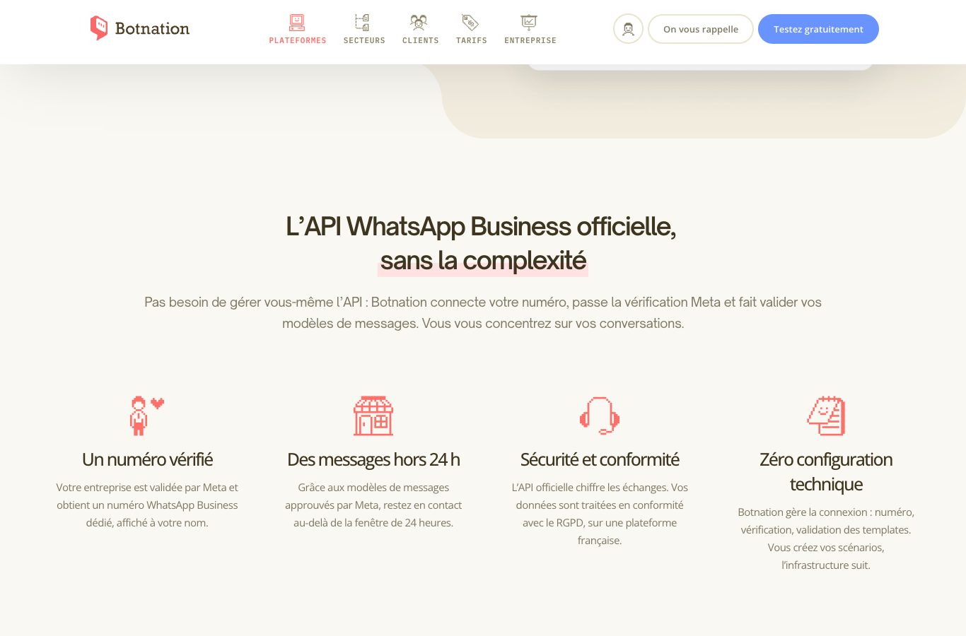 Capture d’écran de la page WhatsApp de Botnation, partie consacrée à l’API WhatsApp Business officielle, avec la vérification du numéro et les messages au-delà de 24 heures.