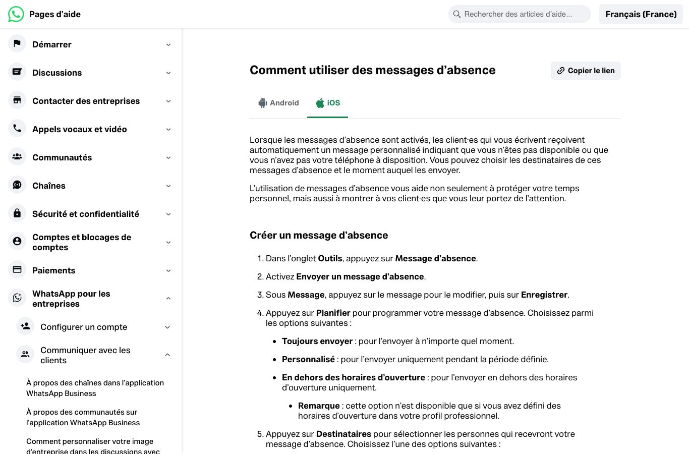 Capture d’écran de la page d’aide de WhatsApp consacrée aux messages d’absence, onglet iPhone, avec les cinq étapes de réglage et les trois options du menu Planifier.